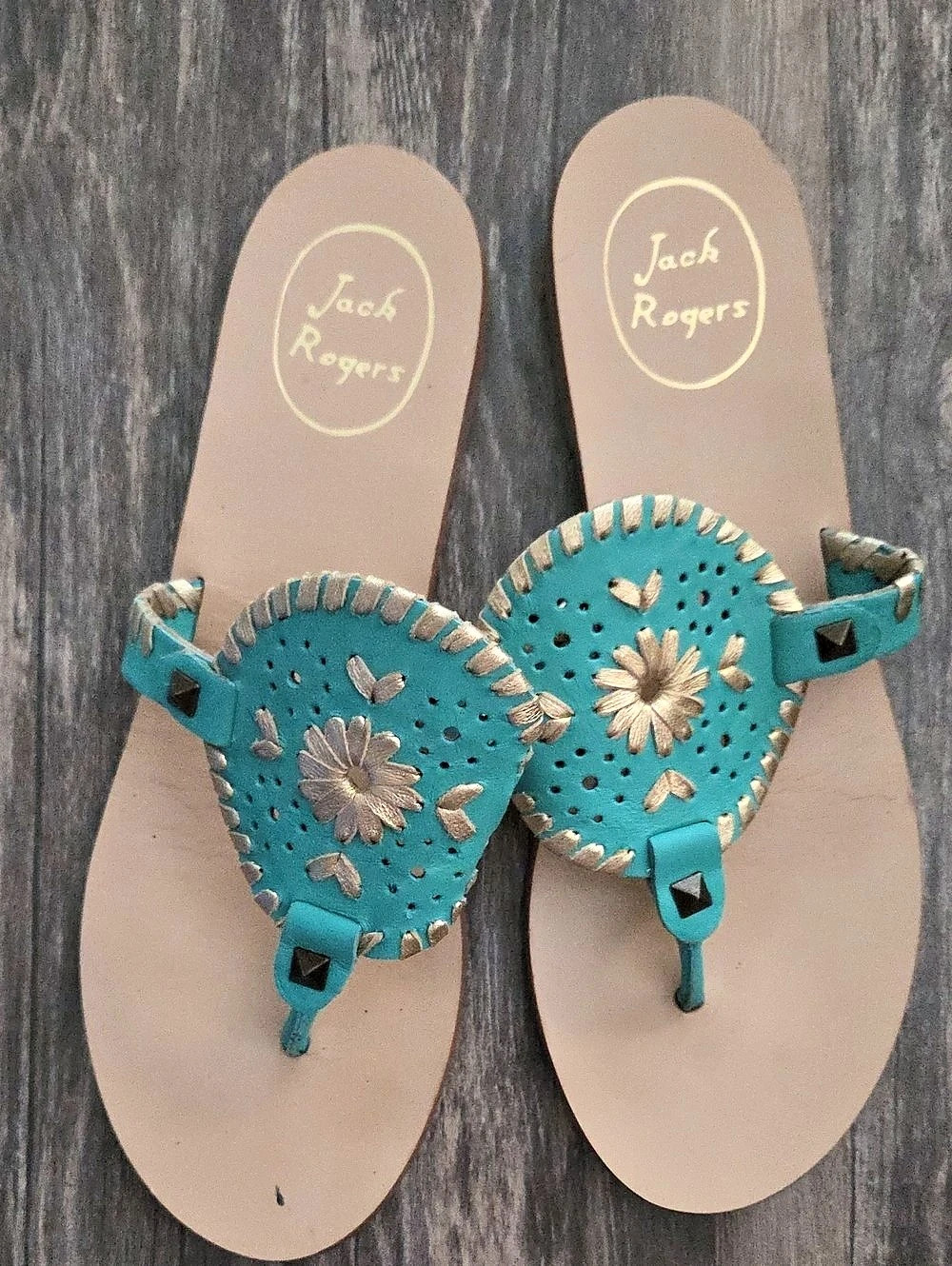 Jack Rogers Original Jacks Flat Sandal Turquoise & Brown US 7